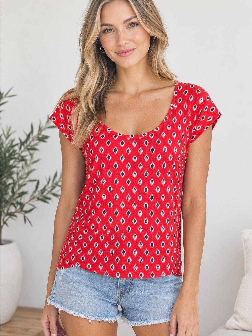 Loft Red Scoop Neck Short Sleeve Printed Tee, 100% Linen